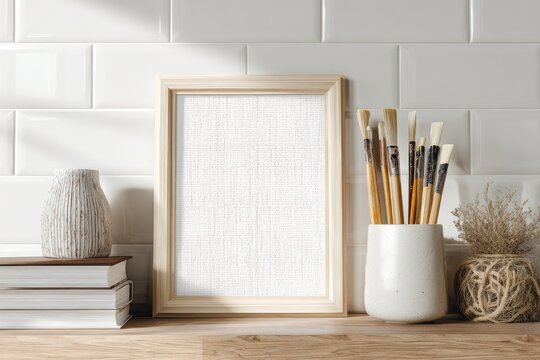 Blank framed art print, paintbrushes, vase, books, sunlit