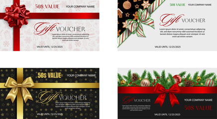 set of christmas gift cards with bows and ribbons. collection of christmas voucher 