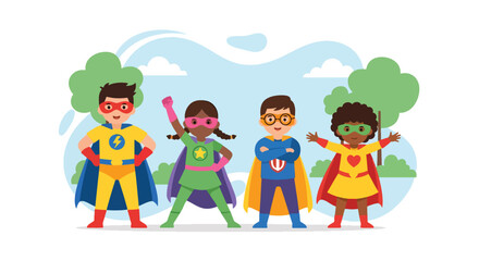 Adobe illustrator artwork vector illustration. Four diverse superhero kids with capes and masks, ready for action against a park-like background. Ideal for themes of childhood, power, and imagination.