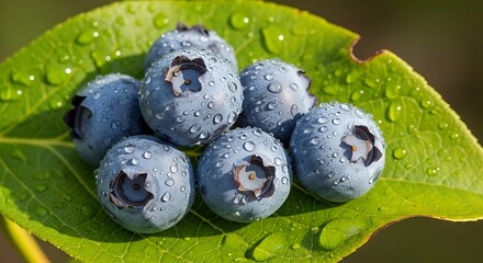 Fresh Blueberries on a Leaf.