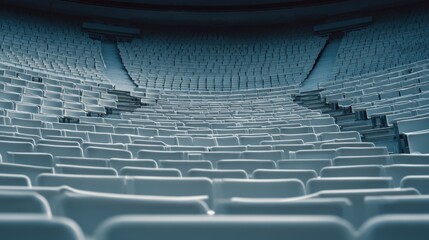 Obraz premium Empty Stadium Seating Rows in a Modern Arena with Uniform White Chairs and Dramatic Lighting Effects