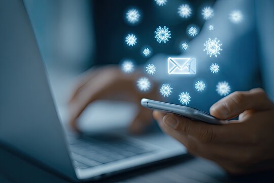 Person using laptop and phone, email icon with virus graphic overlay