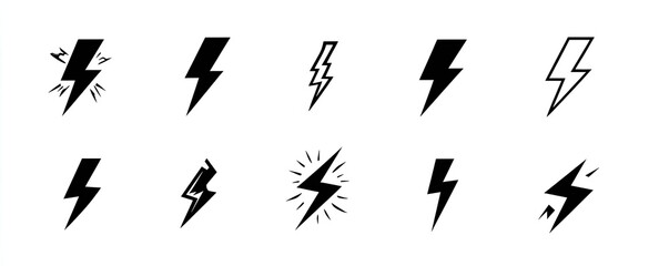Collection of black lightning bolt icons in various styles