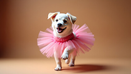 Joyful Puppy Ballerina in Pink Tutu High-Key Studio Shot with Dramatic Lighting & Copyspace