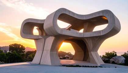 Sculptural concrete structure at sunrise