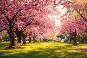 Obraz premium Lush springtime park filled with blossoming cherry trees.