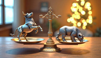 Fear vs Greed The Eternal Financial Struggle, A Conceptual Still Life of a Balanced Bull and Bear on Golden Scales