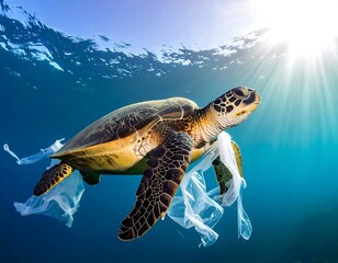 Sea turtle entangled in plastic bags underwater