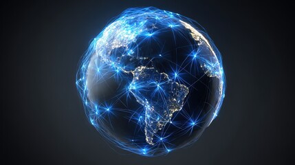3D-rendered globe with bright blue network links connecting major cities, symbolizing worldwide internet connectivity, digital communication, and global business, isolated on dark gradient background.
