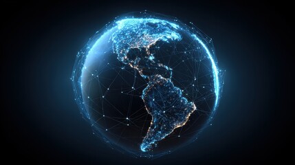 Obraz premium 3D-rendered globe with bright blue network links connecting major cities, symbolizing worldwide internet connectivity, digital communication, and global business, isolated on dark gradient background.