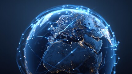 3D-rendered globe with bright blue network links connecting major cities, symbolizing worldwide internet connectivity, digital communication, and global business, isolated on dark gradient background.