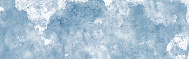 Light grey blue white abstract pattern watercolor art background. Soft pale dusty pastel grayish bluish silver. Brush splash daub stain grunge.Winter cold frost snow Christmas.Empty.Design.Wide banner