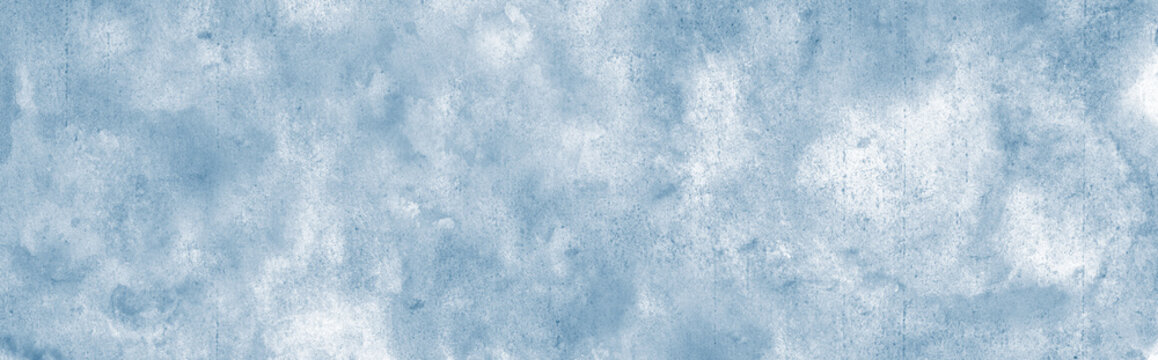 Light grey blue white abstract pattern watercolor art background. Soft pale dusty pastel grayish bluish silver. Brush splash daub stain grunge.Winter cold frost snow Christmas.Empty.Design.Wide banner