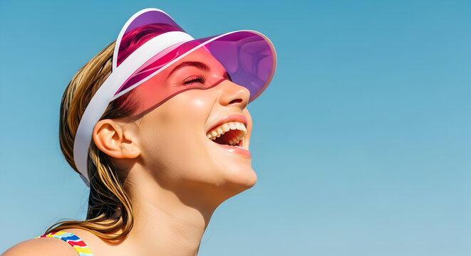 Radiant young woman with a vibrant pink visor, her face alight with genuine laughter and pure happiness, embracing the warmth of a sunny summer day under a clear blue sky