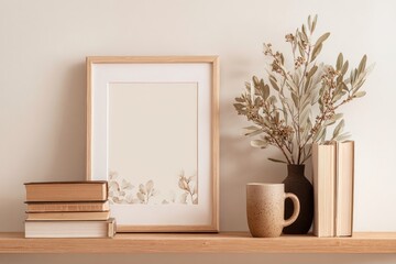 Wooden shelf with framed art, books, and dried flowers