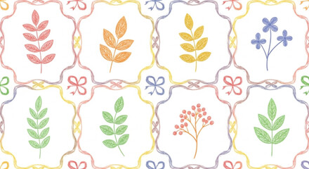 leaves botanical seamless pattern featuring hand-drawn foliage and flowers within a colorful ribbon lattice. A charming and gentle nature background