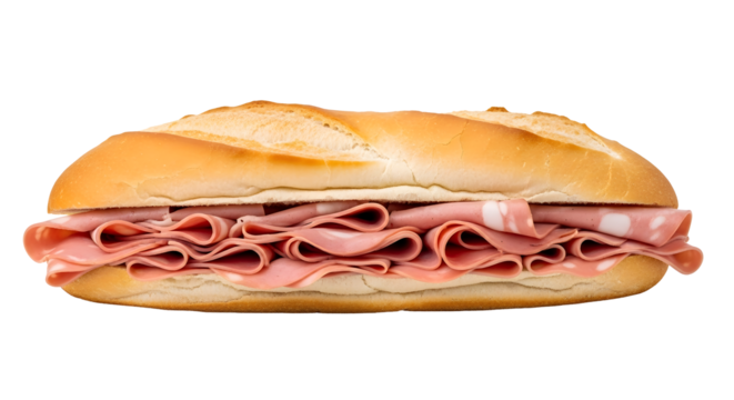 French bread with mortadella in isolated background
