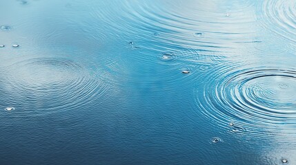 Close-up of water surface with tiny concentric ripples forming from raindrops, fresh and minimal aesthetic ideal for calmness, nature, and purity concepts.