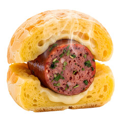 cheese bread (pão de queijo)  stuffed with homemade sausage isolated background