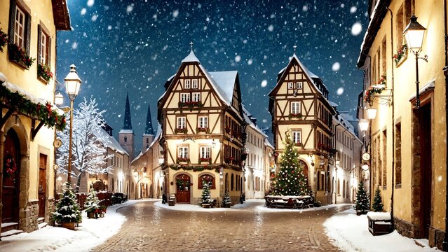 Enchanting snow-covered European village street glows with festive Christmas lights and decorations, creating a magical winter wonderland scene. - Powered by Adobe