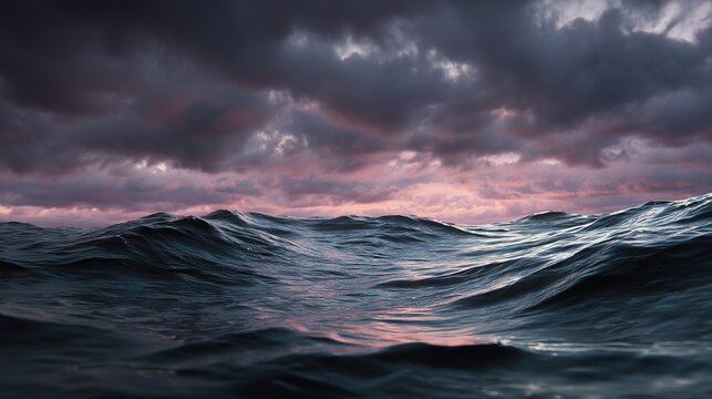 Hyperrealistic close-up of water surface during dramatic sunset with stormy clouds, cinematic mood perfect for storytelling, adventure, or emotional visuals.