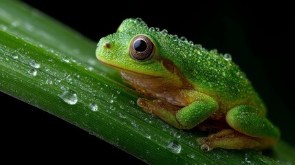 Obraz premium Green frog on grass with dew drops