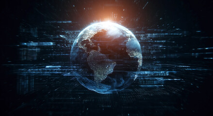 Futuristic digital Earth with data streams and network connection, global technology, blockchain. Digital transformation, global communication and innovation in the tech. Created with generative AI