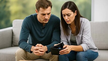 Worried couple looking at empty wallet, facing financial struggles and economic difficulties at home