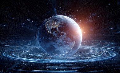 Futuristic digital Earth with data streams and network connection, global technology, blockchain. Digital transformation, global communication and innovation in the tech. Created with generative AI