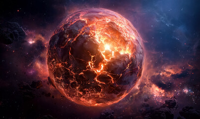 Exploding lava planet glowing with cracks of molten magma in deep space. Science fiction space scene of catastrophic destruction of a celestial body in the universe.  Created with generative AI
