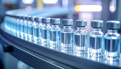 Pharmaceutical vials on a conveyor belt in a modern facility