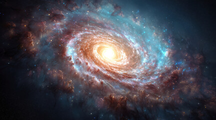 Spiral galaxy with starry light. Universe. Bright deep space. Stars and Milky way galaxy. Bright space background. Colorful Universe. Sci-fi space wallpaper. Created with generative AI