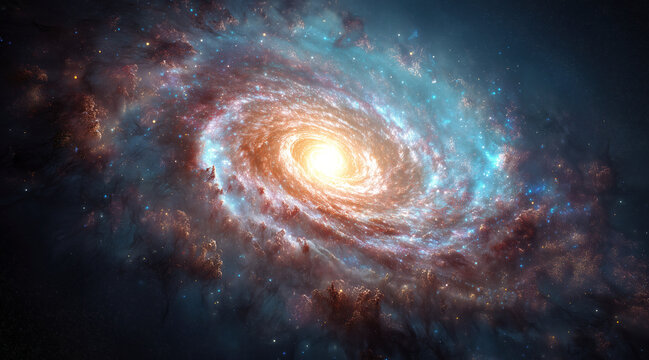 Spiral galaxy with starry light. Universe. Bright deep space. Stars and Milky way galaxy. Bright space background. Colorful Universe. Sci-fi space wallpaper. Created with generative AI