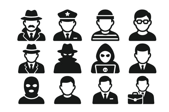 Criminal profiles silhouette icon set. featuring gangster, detective, officer, robber, hacker, and businessman symbols