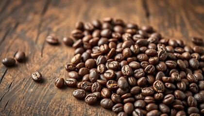 Fototapeta premium Close-up of dark brown cocoa beans, scattered on rustic wooden surface, pile, cacao beans