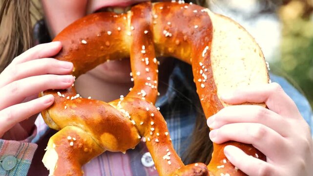 Appetizing pretzel with salt in hands.Child eating pretzel and smiling. Bavarian traditional pastry. Oktoberfest food traditional. 
