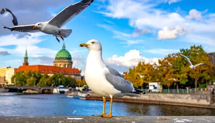 Seagulls over a city river