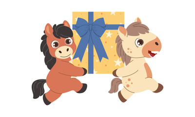 Cute ponies carrying a large holiday gift with a bow. Festive New Year and Christmas vector illustration for children's designs and greeting cards. 2026 is the Year of the Horse.