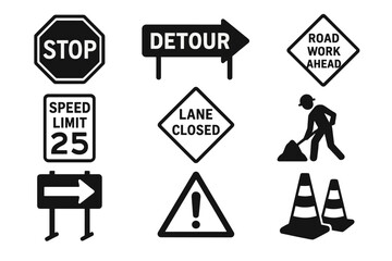 Road signs silhouette icon set. featuring stop, detour, speed limit, lane closed, road work, cones