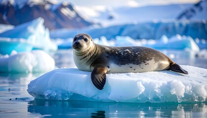 Seal resting on ice floe in arctic landscape