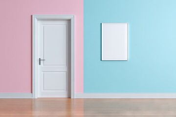 A minimalist interior scene with a white door and a blank frame, set against a vibrant pink and teal color scheme.