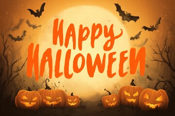"happy halloween" in orange and yellow text, on a background of halloween pumpkins and jack-o'-lanterns, with moonlight shining through branches and bats flying around Generative AI