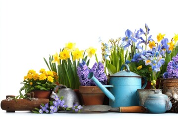 Colorful spring flowers and gardening tools arranged against a white background.
