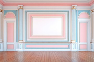 Elegant, pastel-hued interior showcasing a spacious room with ornate, classical architectural details.
