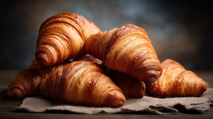 Close-up of a pile of golden brown, flaky pastries, resting on a rustic cloth