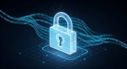 A glowing digital padlock surrounded by flowing neon-blue binary code streams, on a dark futuristic background.