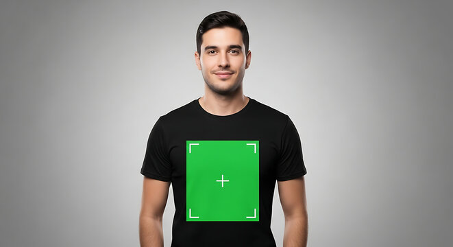 Smiling young man in a black t-shirt with a green screen chromakey area for your logo
