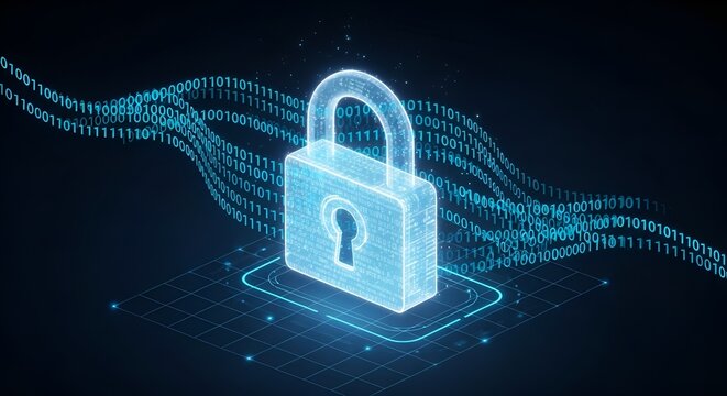 A glowing digital padlock surrounded by flowing neon-blue binary code streams, on a dark futuristic background.