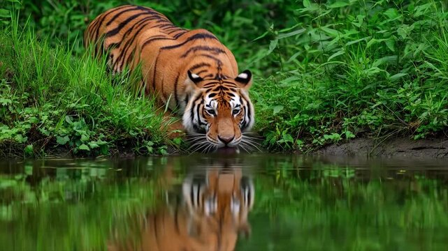 Majestic tiger drinking from a tranquil pond, its reflection mirroring its beauty in the still water.