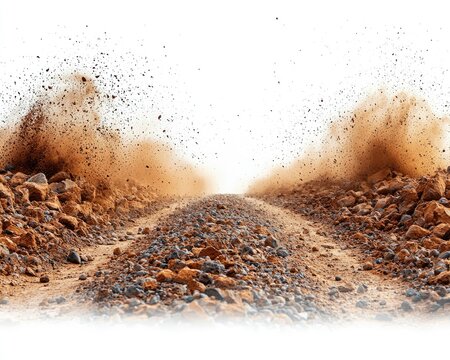 A dirt road erupting in a cloud of dust